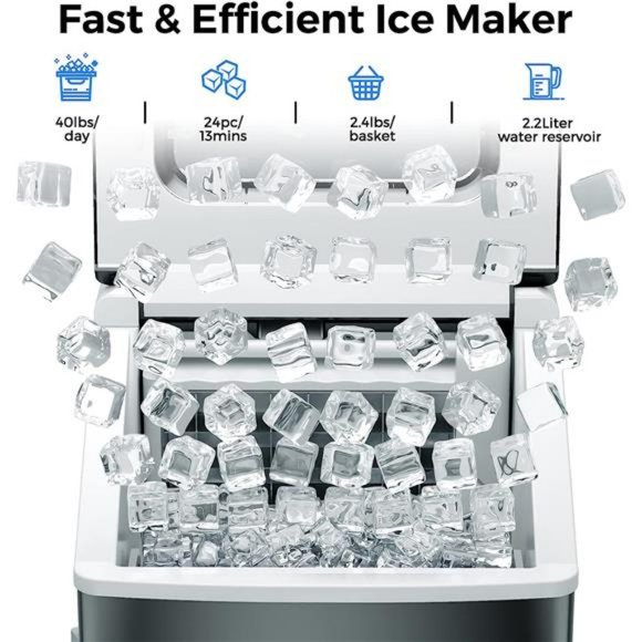 Ice Maker Countertop, 40Lbs/24H Portable Ice Maker w/ Ice Scoop& Basket, Silver - Picture 2 of 6